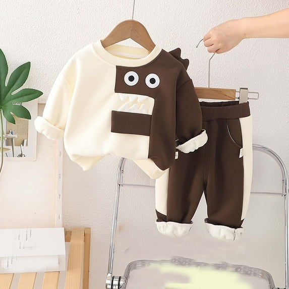 Kids Winter Suits for Boys and Girls, Plus Velvet Lined Thickened Sweatshirt and Pants Set, Warm Fleece Tracksuit for Fall and Winter Season Daily Wear and Play