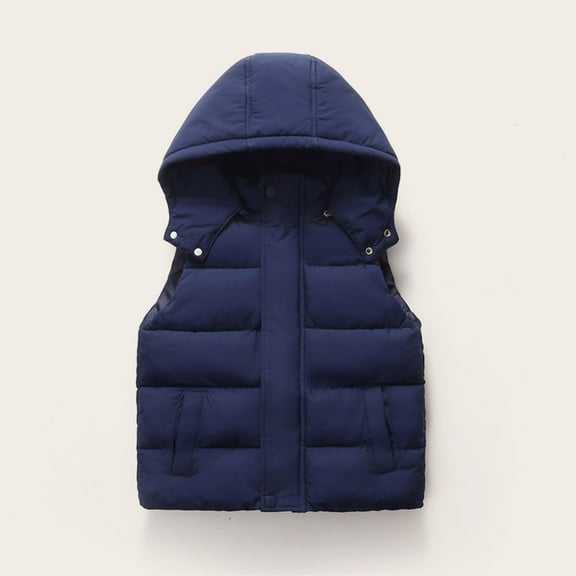 Kids Winter Waistcoat Sleeveless Jackets with Removerable Hooded Solid Color Thicken Padded Vest Warm Outwear Gilet Navy 5Y
