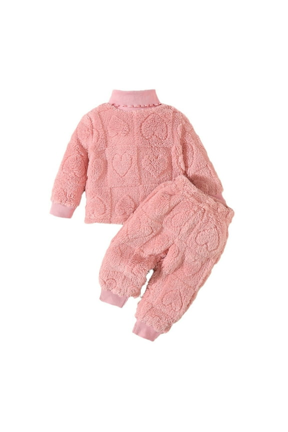 Kids Winter Warm Flannel Outfits Toddler Girls Long Sleeve Fleece Top Coat with Pants Set Casual Loungewear Homewear Pinks 9 Months