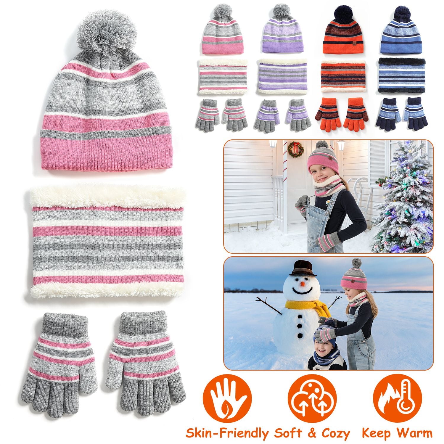 Kids Winter Warm Knit Hat Scarf Gloves Set TeqHome Beanie