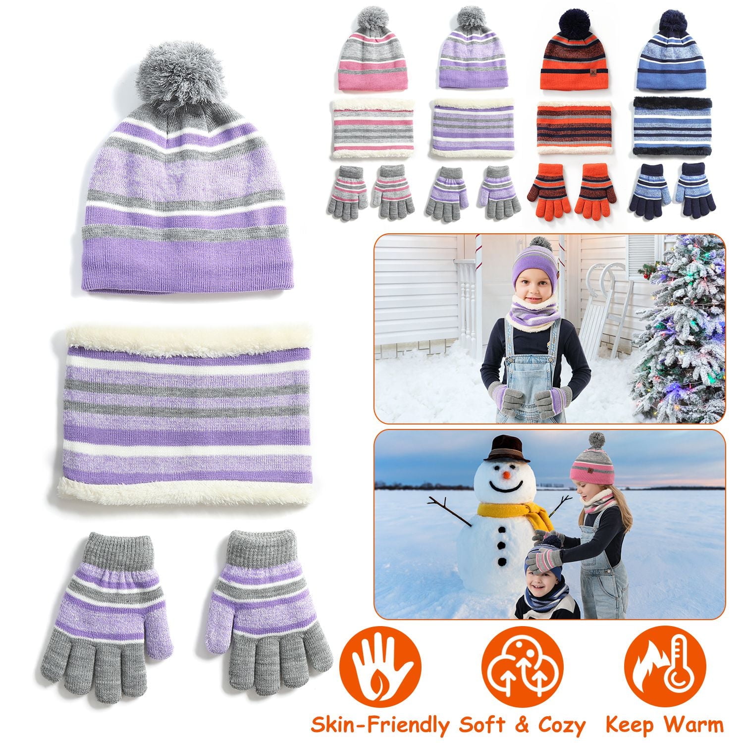 【正規販売店】 Gloves Scarf Hat Knit Warm Winter Kids Set Beanie TeqHome Clothing