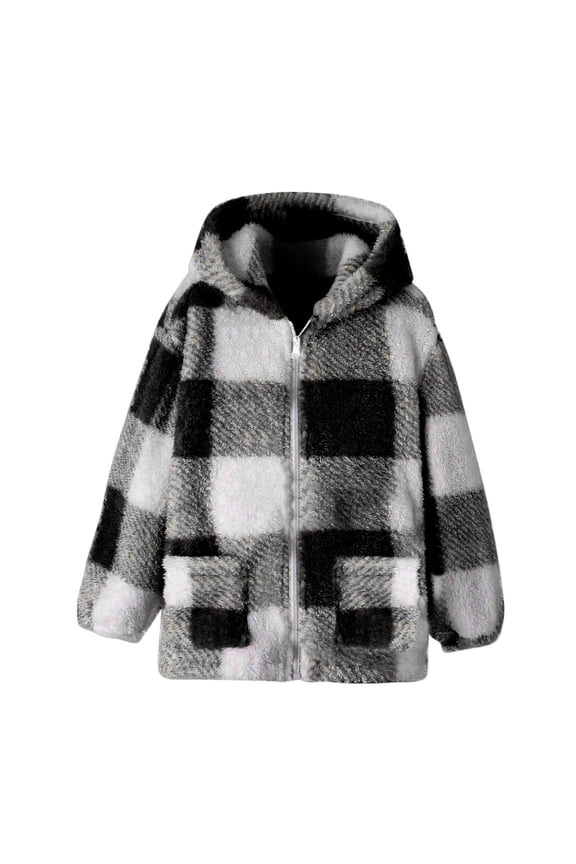 Kids Winter Warm Plush Coat Trendy Plaid Flannel Jackets Full Zip Hoodie Boy Girls' Sherpa Fleece Hooded Outwear Overcoat 8-14Y Toddler Fleece Jacket Sherpa
