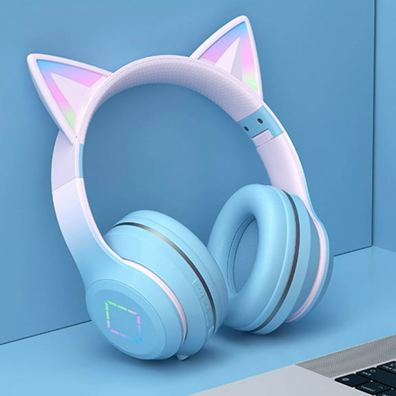 Kids Wireless Bluetooth Headphones with Cute RGB Light-Up Ears, Foldable Over-Ear Design with Mic & Volume Control, 20-Hour Battery & 3.5mm Wired Mode for Girls, Teens & Adults