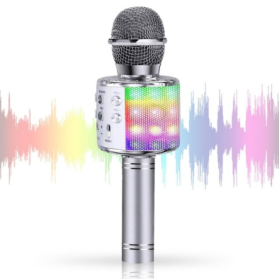 Kids Wireless Bluetooth Karaoke Microphone with LED Lights, Birthday Party Christmas Gifts for Boys and Girls, Sliver