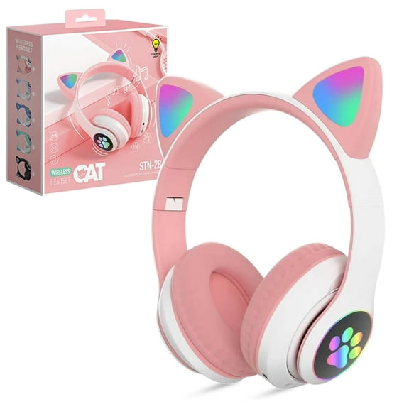 Kids Wireless Headphones, Bluetooth 5.0 Cat Ear Headphones with RGB Lighting, Over-Ear Headset for Smartphones, Tablets, Radios, Pink