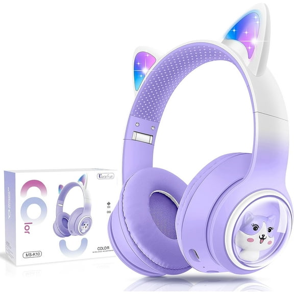 Kids Wireless Headphones, Cat Ear Headphones with LED Lights for Kids Teens Adults, Girls Women Bluetooth Headphones Foldable with Microphone for Phone/Tablet/Laptop,Girl's Birthday Christmas Gifts