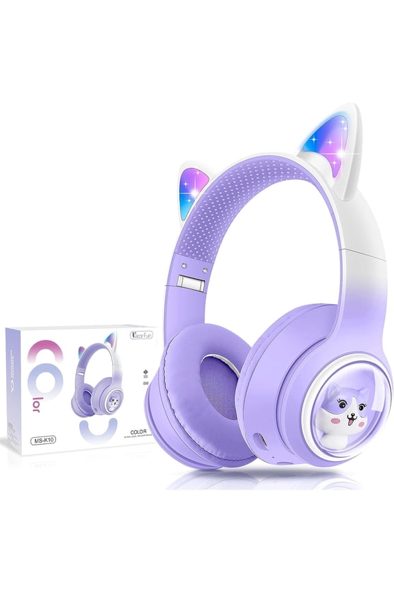 Kids Wireless Headphones, Cat Ear Headphones with LED Lights for Kids Teens Adults, Girls Women Bluetooth Headphones Foldable with Microphone for Phone/Tablet/Laptop,Girl's Birthday Christmas Gifts