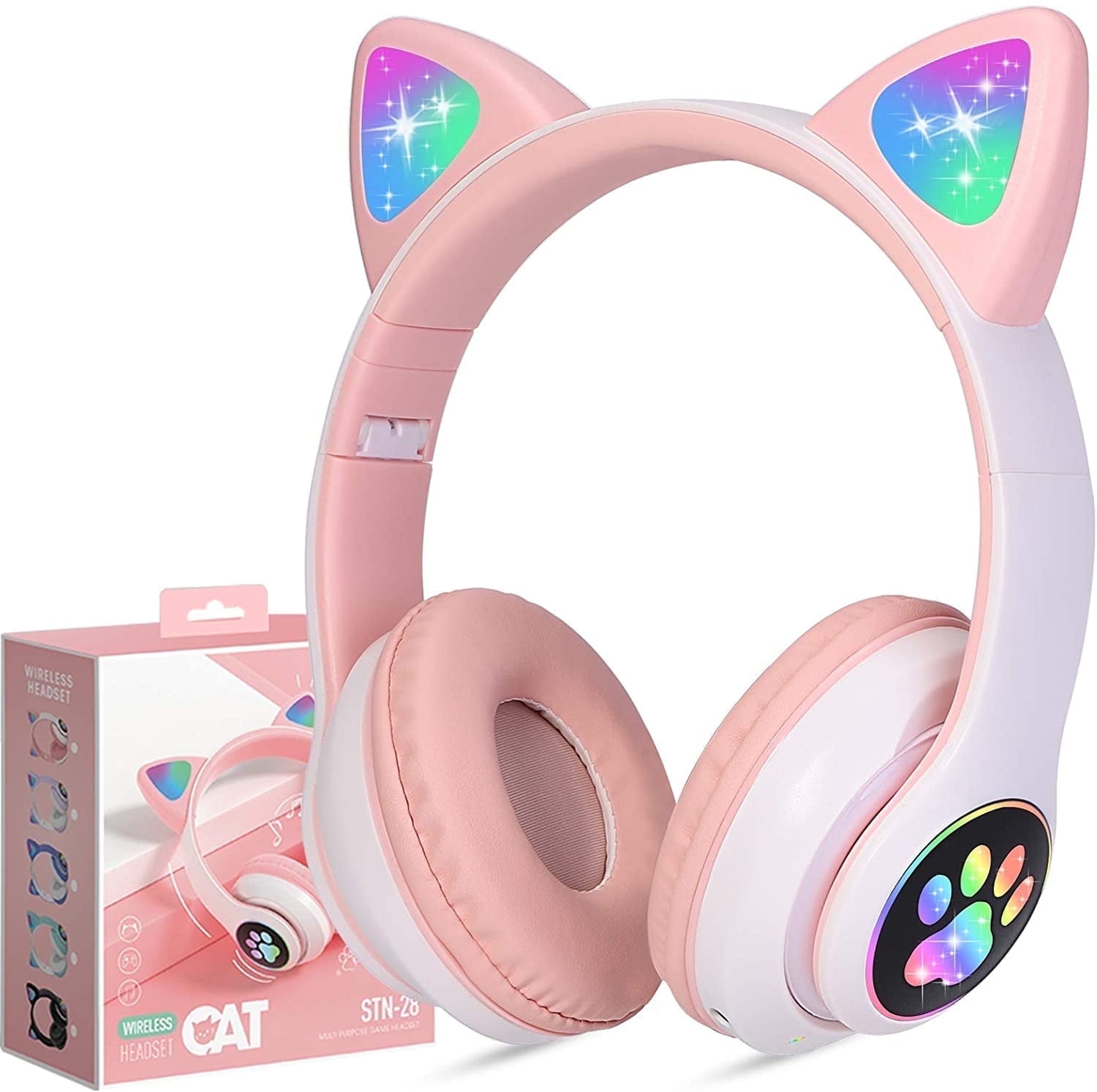 TCJJ Kids Wireless Headphones Cat Ear LED Light Bluetooth Foldable
