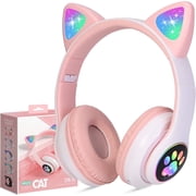 TCJJ Kids Wireless Headphones Cat Ear LED Light up Bluetooth Foldable Headphones over Ear w/Microphone for Online Distant Learning Pink
