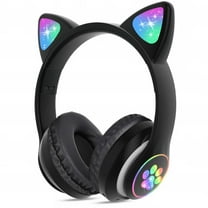 Kids Wireless Headphones Cat Ear LED Light Up Bluetooth Foldable Headphones Over Ear with Microphone for Girls Boys School Online Learning (Black)