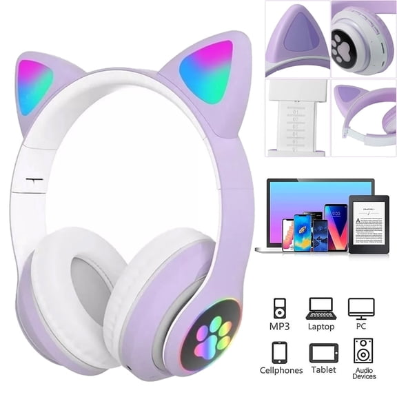 Kids Wireless Headphones Cat Ear RGB LED Light Up Bluetooth Foldable Headphones Over Ear w/Microphone for Phone/Tablet/Laptop/School Gift (Purple)