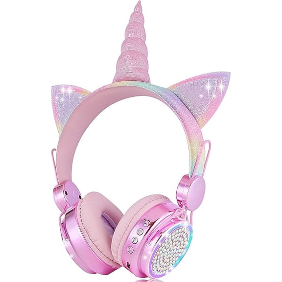 Kids Wireless Headphones for Girls Children Teens, LED Light Up Bluetooth Unicorn Headphones with Microphone for School/Xmas/Online Study/Unicorn Gifts (Pink Wireless)