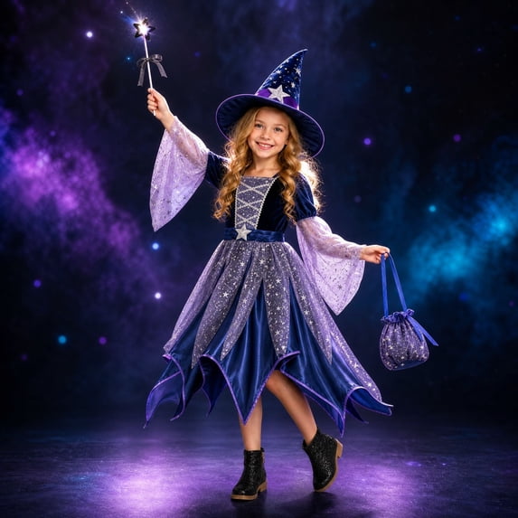 Kids Witch Costume Set, Sequin Tulle Star Galaxy Girls Witch Dress with Wizard Hat Wand and Candy Bag, Halloween Cosplay Outfit for Child Halloween Party Dress‑Up