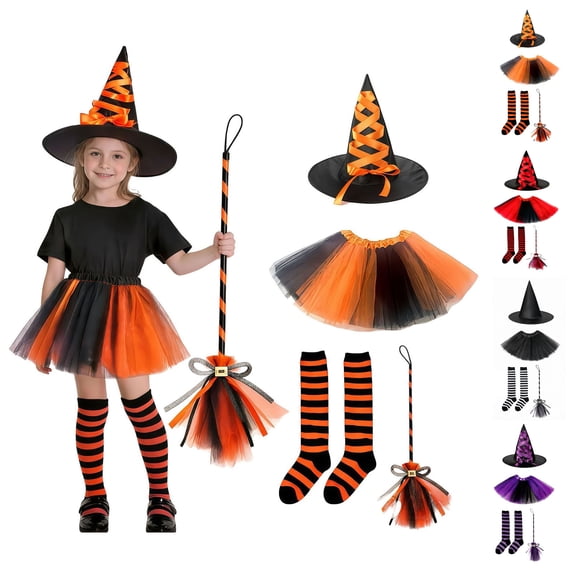 Kids Witch Tutu Skirt Hats Witch Set Halloween Kids Dress up Party Girl Size 4-10 Years