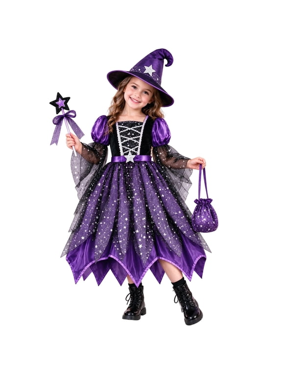 Kids Witch Dress Halloween Dress With Accessories For Girls Role Play Party Performance And Trick Or Treat Fun