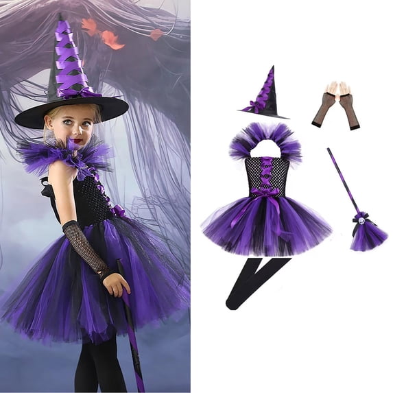 Kids Witch Outfit Tutu Mesh Dress Short Sleeve Mesh Tulle Romper Dress Halloween Outfits for Girls 7-8 Years Halloween Outfit Dress Up