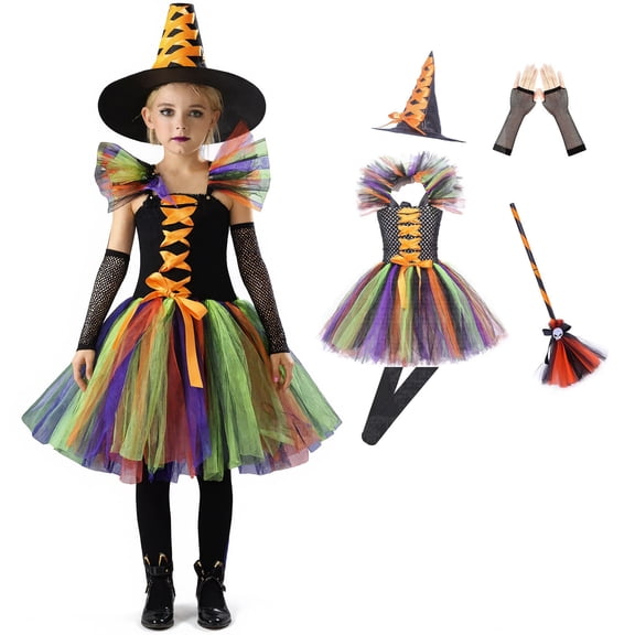 Kids Witch Outfit Tutu Mesh Dress Short Sleeve Mesh Top Halloween 7-8 Years Kids Girls Halloween Dress