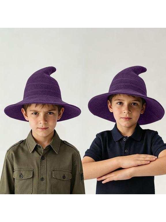 Kids Witch Wizard Hat for Halloween, Foldable Pointed Wide Brim Knit Hat for Girls Boys, Unisex Knit Costume Hat for Cosplay Party, Solid Color Magic Hat Straw Hat for Dress-Up,Photo Prop Dark Purple