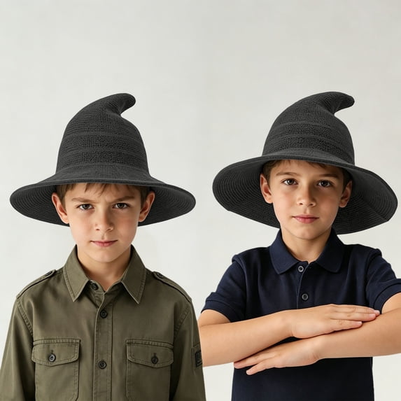Kids Witch Wizard Hat for Halloween, Foldable Pointed Wide Brim Knit Hat for Girls Boys, Unisex Knit Costume Hat for Cosplay Party, Solid Color Magic Hat Straw Hat for Dress-Up,Photo Prop Dark Gray