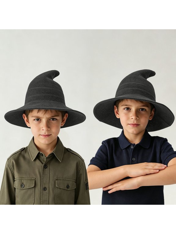 Kids Witch Wizard Hat for Halloween, Foldable Pointed Wide Brim Knit Hat for Girls Boys, Unisex Knit Costume Hat for Cosplay Party, Solid Color Magic Hat Straw Hat for Dress-Up,Photo Prop Dark Gray