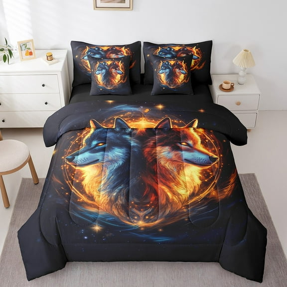 Wolf Comforter Set Glitter Galaxy Twin 7 Pieces Bedding Set Wolves Printed Bed In A Bag Safari Animals Bed Set for Bedroom Decor