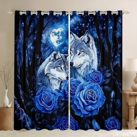 Wolf Curtains,Blue Rose Wolves 30%-50% Blackout Curtains,Jungle Moon (52Wx63L) 2 Panels Curtains & Drapes,Safari Wildlife Animals Window Treatments Teens Bedroom Decor