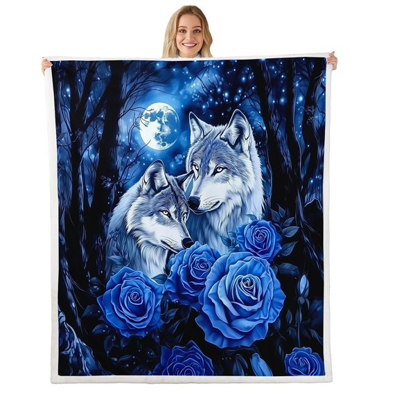 Wolf Throw Blanket,Blue Rose Wolves Fleece Blanket,Jungle Moon Twin 60"X80" Sherpa Blanket,Safari Wildlife Animals Flannel Blanket Teens Bedroom Decor