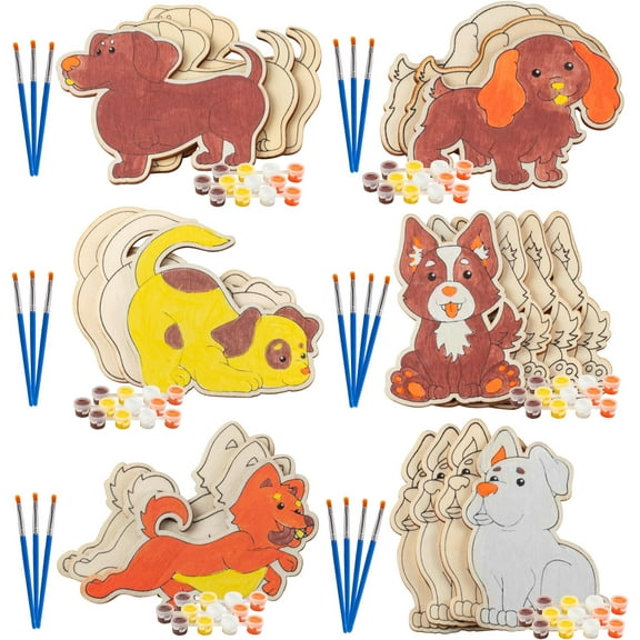 Kids Wood Painting Party Craft Kits (20ct)- 6 Different Puppy Dog Designs- Each Kit Has Own Brush, Paint, Wood Craft- Fun, Unique Birthday Party Activity, Favors or Classroom School Projects Gift