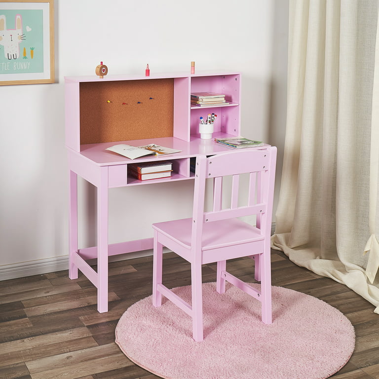 Kids Wood Study Hutch Desk Straight Back Chair, Child Desk And Chair Set,  Pink
