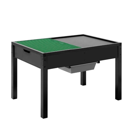 Kids Wooden Activity Table, Double-Sided Building Blocks Top, 2 Bins, Multi-Purpose for Ages 3+, Black