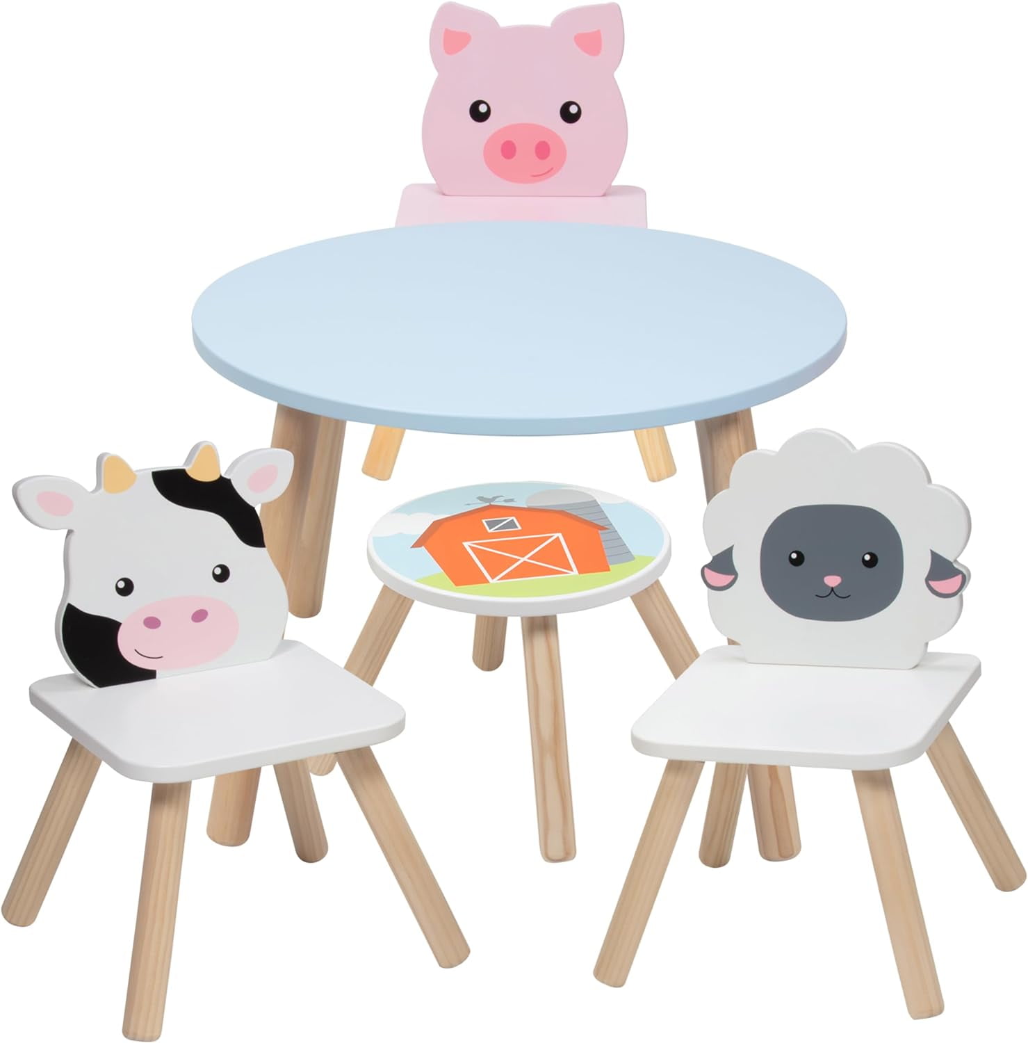 Kids Blue and White Wooden Animal Table Set with 3 Chairs