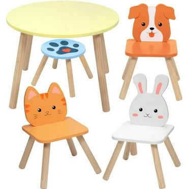 Kids Wooden Animal Table & Chair Set w 3 Seats (Puppy Kitten & Bunny) & Adult Stool for Arts Crafts, Dining, Pretend Play- Playroom Furniture for Home, Daycare, Classrooms for Toddlers - Big Children