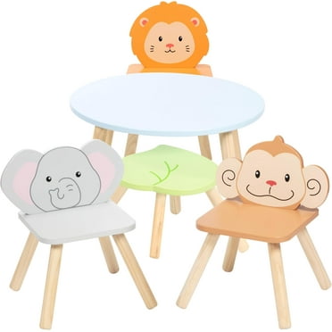 Kids Wooden Animal Table & Chair Set w 4 Seats- Monkey Lion & Elephant Plus Adult Stool for Arts Crafts, Dining, Pretend Play- Durable Playroom Furniture for Home, Daycare Classroom- Toddler Gift