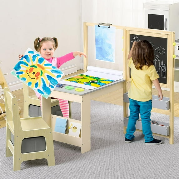 Kids Wooden Art Center with Double-Sided Blackboard & Whiteboard - Toddler Activity Table Set Includes 2 Chairs, Paper Roll and Storage for Drawing, Crafts, Writing Ages 3-8