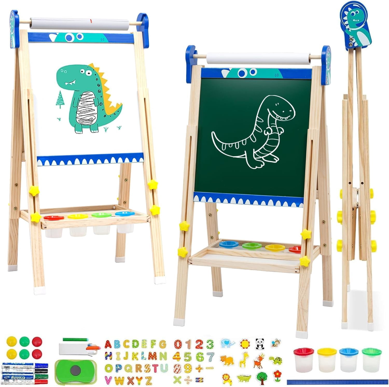 Kids Wooden Art Easel with Paper Roll,Foldable Double-Sided Easel with Whiteboard & Chalkboard,Height-Adjustable Drawing Board for Girls Boys Toddlers Aged 3-5/4-8,Ideal Gift for Christmas,Birthday