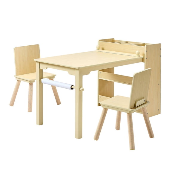 Light Wood Toddler Art Table and Chair Set with Three Tier Storage Cabinet for Reading Studying Drawing Writing