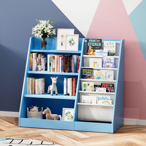 Hironpal Wooden Children bookcase Kids Bookshelf, 4 Tier Storage Book Rack and Five Layer Sling Bookshelf for Living room,Playroom,Blue
