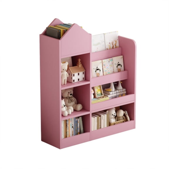 Kids Wooden Bookshelf Toy Storage Organizer with Bookcase, Kid's Bin Storage Unit with 6 Compartments 2 Baskets Bins Toys Box Organizer, Children Multi Shelf Cubby for Books, Toys Shelf