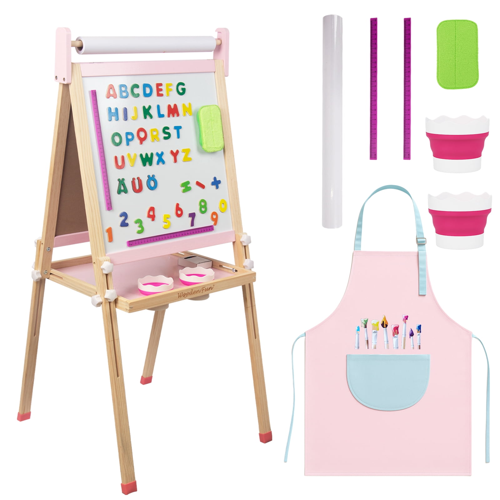 Kids Wooden Easel with Paper Roll, Adjustable Magnetic Double Sided Drawing Board Whiteboard & Chalkboard Dry Easel Board, Children Art Easel for 3-12 Years Kids Boys Girls Painting Drawing