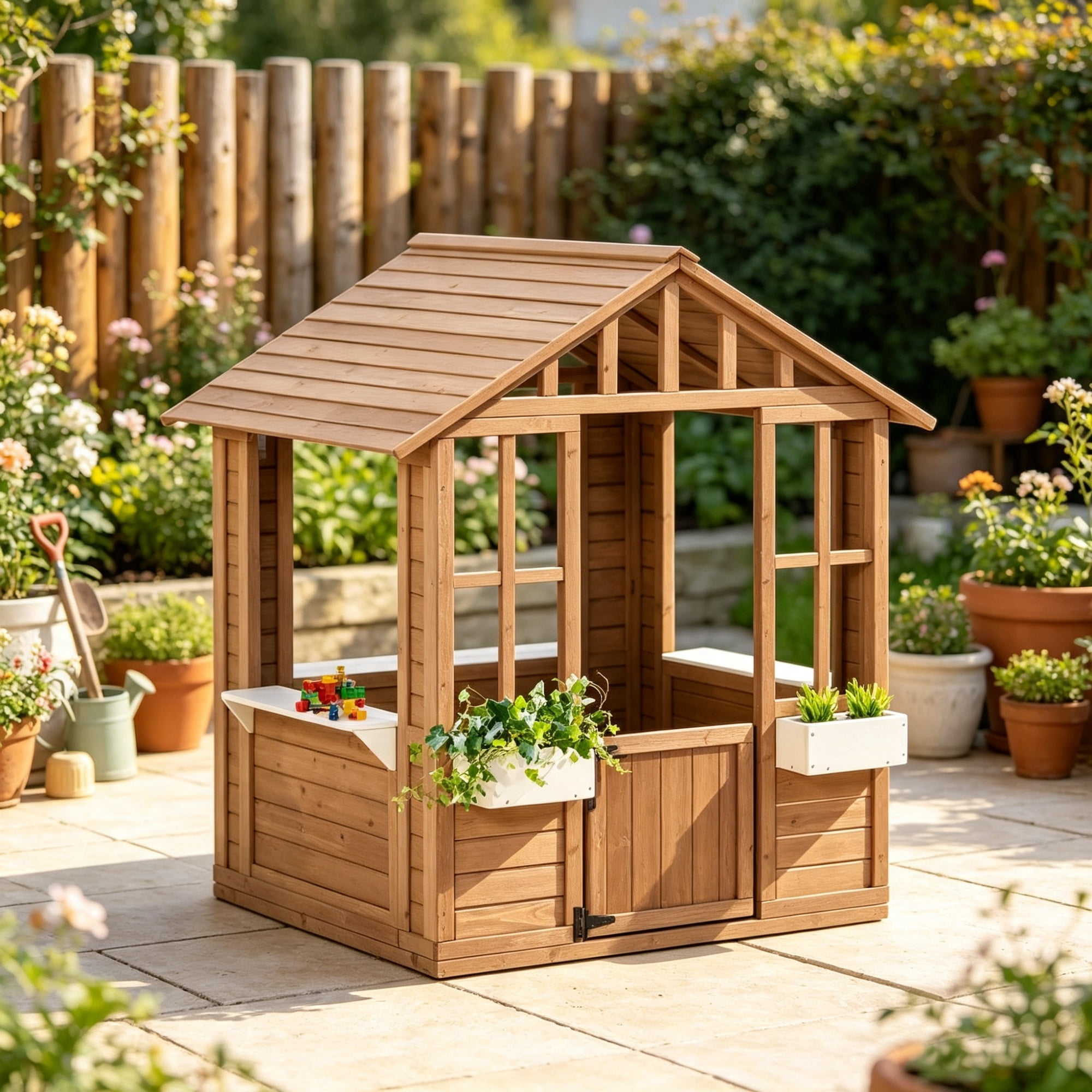 Kids Wooden Outdoor Playhouse, Garden Cottage with Flower Pot Holder & Working