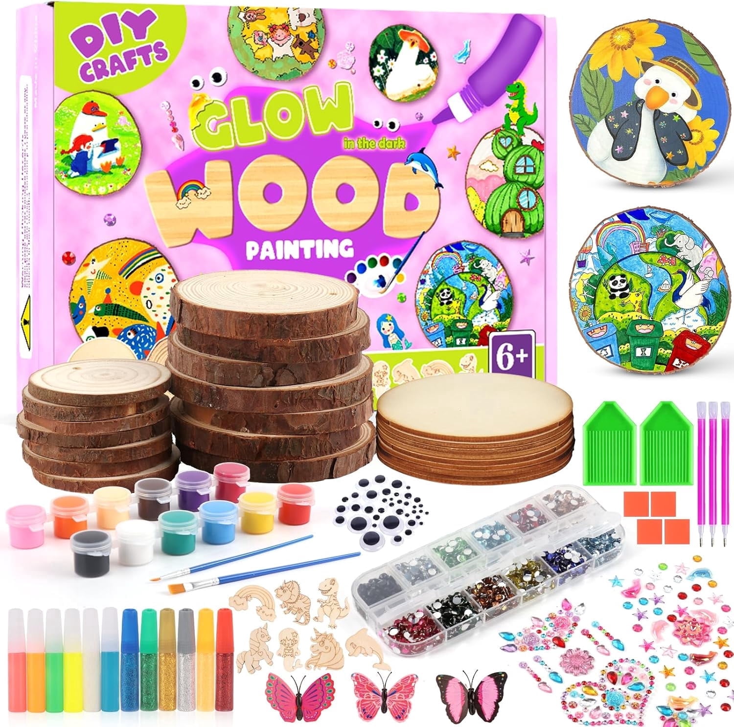 Wooden Painting Kit for Kids 6-12, 26 Pcs Wood Slices Craft Kit Gift Set with Assorted Gems & Diamond Painting Tools, Creative Art Activity Supplies for Boys Girls