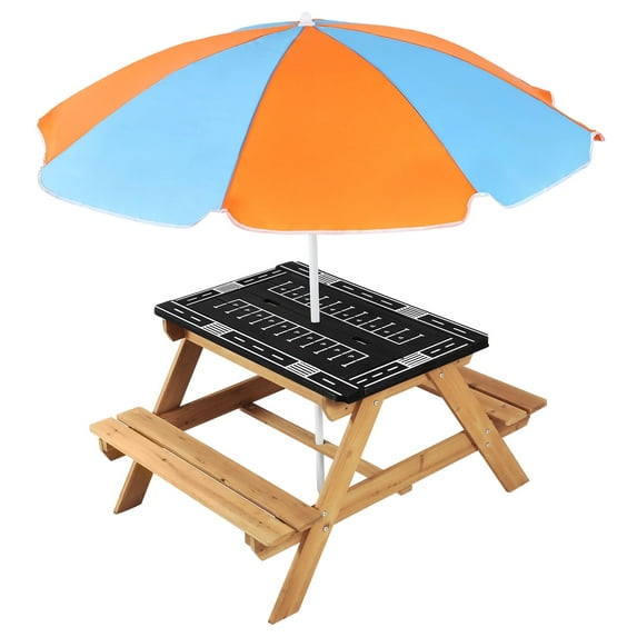 Haosegd Kids Picnic Table Outdoor, 3 in 1 Table Set w/Adjustable Umbrella for Toddler Home Backyard