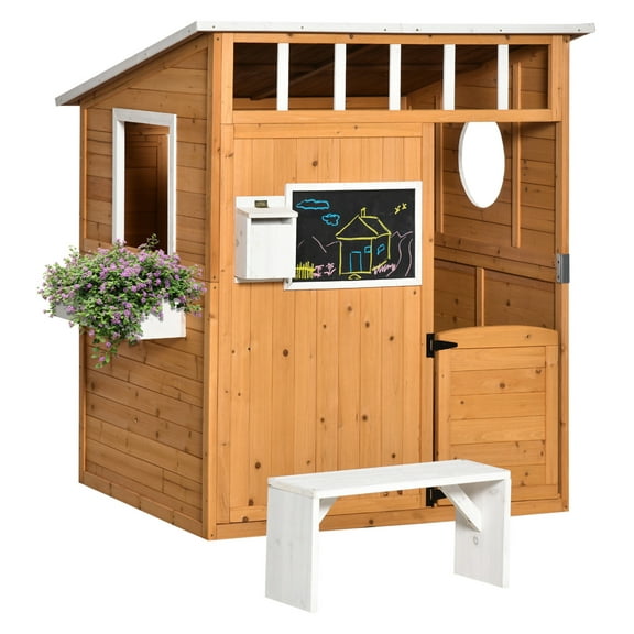 Kids Wooden Playhouse Outdoor - Backyard Play House with Door, Windows & Mailbox - 42.5" x 53" - Children's Play House for Ages 3-8 - Fir Wood Construction Yellow + Wood