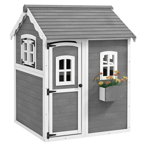 Kids Wooden Playhouse, Outdoor Cottage, Garden Play House w/ Floor, Door, Windows & Planter - Ages 3-8