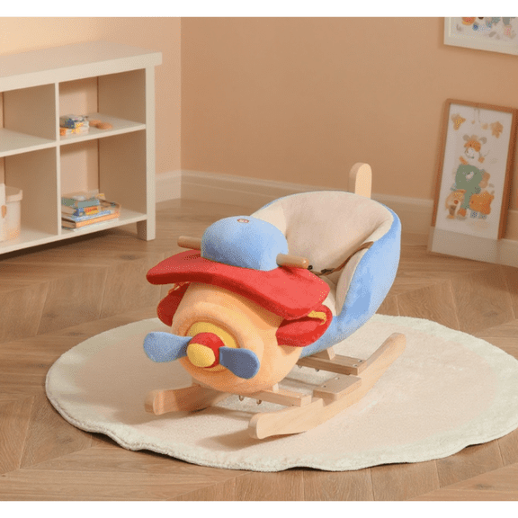 Kids Wooden Plush Rocking Plane Ride-On Toy Chair with Soft Fabric Imaginative Play Design for Toddlers