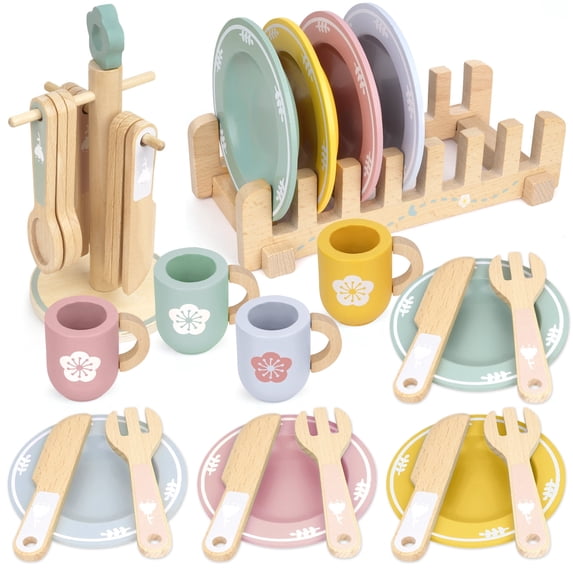 22PCS Kids Wooden Pretend Play Dinnerware Set Montessori Educational Toddlers Kitchen Cooking Toys, Plates and Cups Set, for 4 Kids Play, Ages 3-7