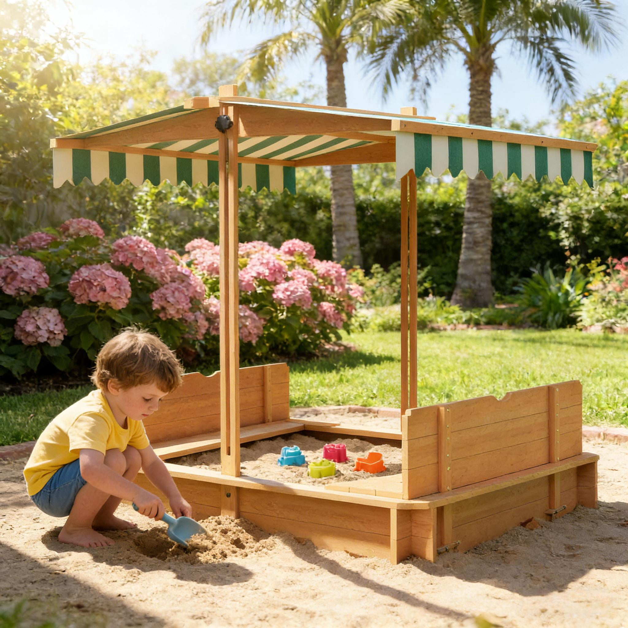Kids Wooden Sandbox with Adjustable Canopy & Convertible Lid, Detachable Backrest Benches, Non-Woven Bottom Liner, Light Brown Fir Wood Outdoor Sand Pit, Ages 3-7