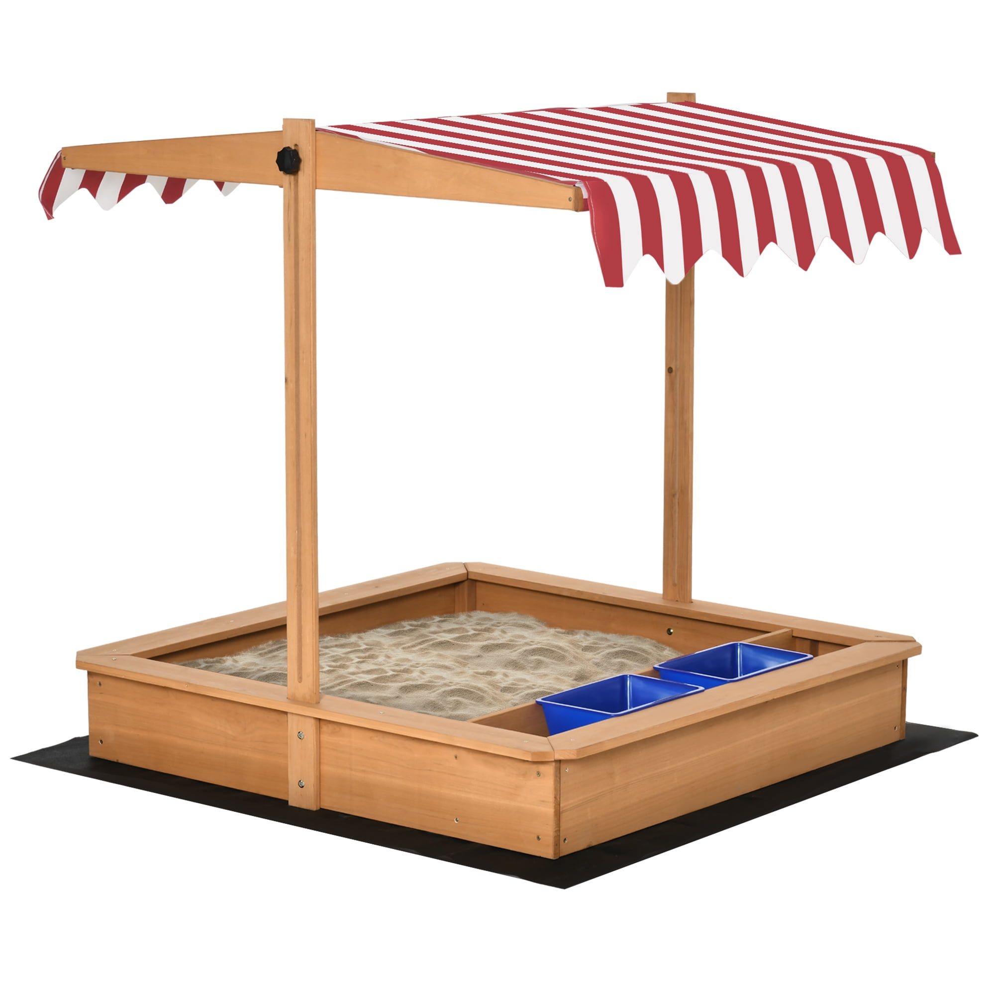 Kids Wooden Sandbox with Adjustable Height Canopy Cover, Built-in Seats & Storage Bins, Outdoor Sand Play Station with Bottom Liner & Plastic Basins for Backyard Beach Lawn