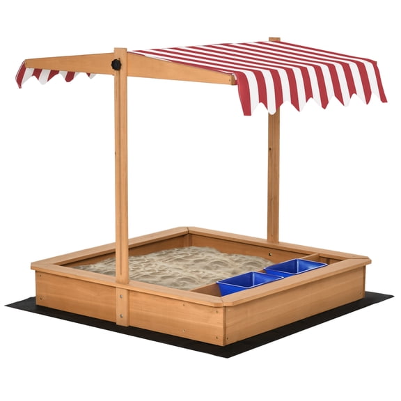 Kids Wooden Sandbox with Adjustable Height Canopy Cover, Built-in Seats & Storage Bins, Outdoor Sand Play Station with Bottom Liner & Plastic Basins for Backyard Beach Lawn