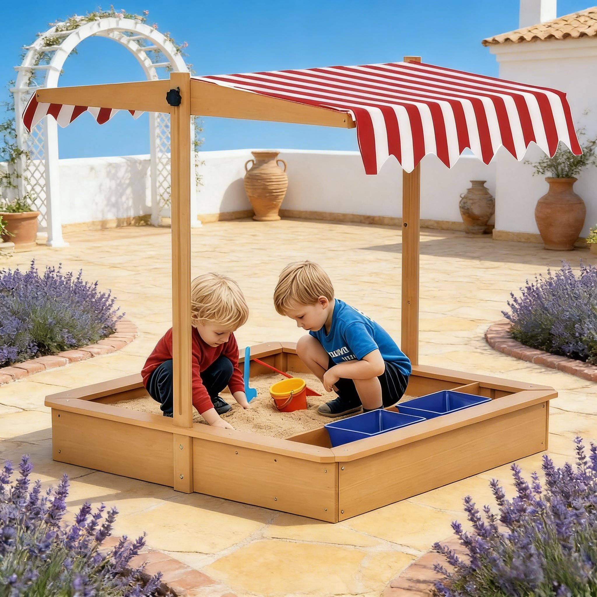 Kids Wooden Sandbox with Adjustable Roof Canopy, Outdoor Sand Play Station with Toy Storage Bins, Fir Wood Sand Pit with Bottomless Liner for Backyard, Ages 3-7
